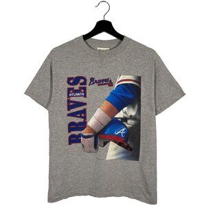 Vintage 1997 MLB Atlanta Braves Helmet SS T-shirt Gray Youth size Large / Mens S